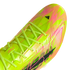 Close-up of a neon yellow and pink Adidas F50 football boot with crossed lime laces, set against a black background. Bold graphic patterns decorate the upper.