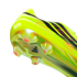 Close-up of a neon yellow Adidas soccer cleat's heel and iridescent soleplate. Features black stripes, pink accents, and translucent studs against a solid black background.