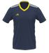 Navy blue Adidas soccer jersey featuring a yellow V-neck, a yellow logo on the right chest, and three white stripes along the shoulders.