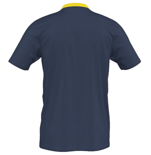 The back view of a short-sleeved navy blue polo shirt with a bright yellow collar.