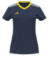 Women's navy blue Adidas sports jersey with a yellow V-neck collar, yellow logo, and white stripes on the shoulders.