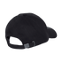 Back view of a black baseball cap featuring an adjustable fabric strap and metal slide buckle.