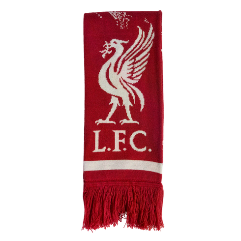 Red Liverpool FC scarf featuring a white Liver bird crest and "L.F.C." text above a white horizontal stripe and red fringe.