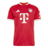 A red soccer jersey with vertical stripes, featuring the FC Bayern Munich crest, white Adidas logo, and white "T" sponsor logo. White and gold trim accents the collar and sleeve cuffs.