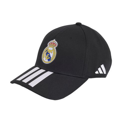 A black Adidas baseball cap featuring the Real Madrid team crest on the front and three white stripes on the visor.