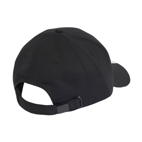 Back and side view of a solid black baseball cap featuring an adjustable strap and buckle, isolated on a white background.