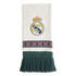 White knit scarf featuring a centered Real Madrid crest, a green horizontal band with pink geometric patterns, and long dark green fringe.