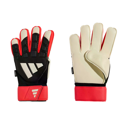 Front and back view of a pair of black, red, and white Adidas Predator Fingersave goalkeeper gloves.