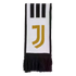 White Juventus football scarf featuring a gold stylized 'J' logo, three black stripes at the top, and black fringe.