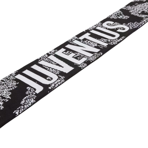 A black scarf featuring "JUVENTUS" in large white block letters with a pixelated white pattern, laid out diagonally on a white background.