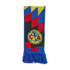 A Club América football scarf with a blue, red, and yellow geometric pattern, the team's circular crest, and blue fringes.