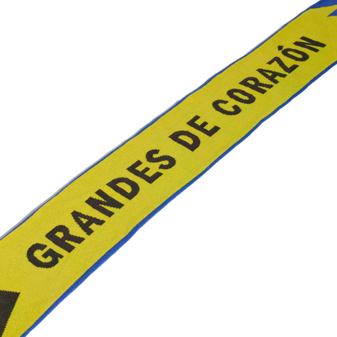 Yellow fabric banner with blue borders and black text reading "GRANDES DE CORAZÓN" against a black background.