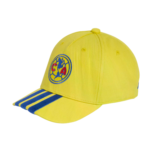 Yellow baseball cap with the Club América logo on the front and three blue stripes on the side of the brim.