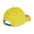 Rear-facing view of a bright yellow six-panel baseball cap featuring blue stripes on the visor and a blue adjustable snapback strap.