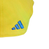 Close-up of a blue Adidas logo embroidered on yellow twill fabric.