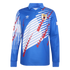 A blue long-sleeved Adidas jersey with a white and red geometric design, featuring a collared neck, Adidas trefoil logo, and a team crest on the chest.