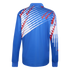 Back view of a blue long-sleeve polo shirt featuring a white diagonal stripe graphic with red geometric accents across the upper back and right sleeve.