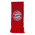 Red and maroon striped knit scarf featuring the FC Bayern München club crest and red fringe.