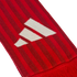 Close-up of a red and dark red striped knitted scarf featuring a white Adidas logo.