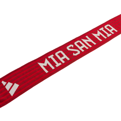 Red and dark red striped scarf featuring the white block-lettered motto "MIA SAN MIA" and a white three-stripe logo.