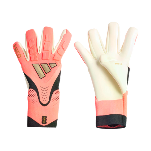 Pair of pink and black Adidas Predator goalkeeper gloves showing both the textured backhand with gold logos and the white latex palm.