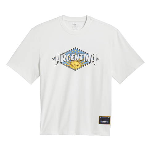 A white Adidas t-shirt with a diamond-shaped "ARGENTINA" graphic and Sun of May on the chest. A small black brand tag is located at the bottom right corner.
