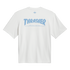 The back of a white short-sleeved t-shirt with a light blue Adidas trefoil logo above a large light blue "THRASHER REVISTA" graphic.