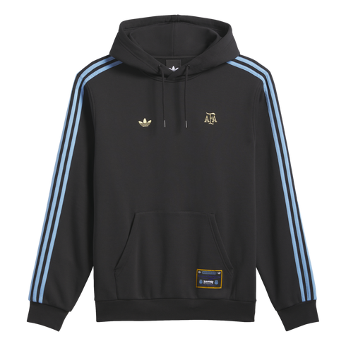 Black Adidas hoodie featuring light blue sleeve stripes, gold Trefoil and AFA logos on the chest, and a kangaroo pocket.