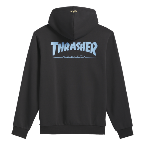 Rear view of a black hoodie with a light blue "Thrasher Revista" logo on the back and three small gold stars on the top of the hood.