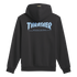 Rear view of a black hoodie with a light blue "Thrasher Revista" logo on the back and three small gold stars on the top of the hood.