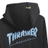 Back of a black hoodie with three gold stars on the hood and light blue "THRASHER REVISTA" text across the back.