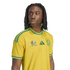 A person with long dreadlocks wearing a yellow and green South African national soccer jersey, looking to the side against a white background.