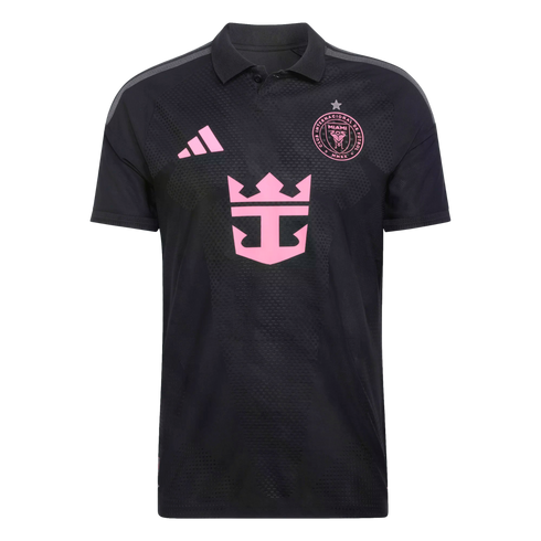 A black, short-sleeved Inter Miami CF away soccer jersey shown from the front. The jersey features a polo collar and bright pink accents, including the Adidas logo on the right chest, the club's circular crest on the left chest, and a large Royal Caribbea