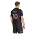 A person from behind wearing a black soccer jersey with the name "Messi" and the number "10" in pink on the back. He also wears matching black shorts with a pink Adidas logo on the leg, all set against a solid black background.