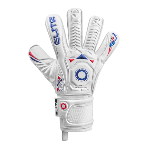 White soccer goalkeeper glove with blue and red accents, featuring textured punching zones and "ELITE" branding on the index finger and wrist strap.