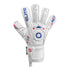 White soccer goalkeeper glove with blue and red accents, featuring textured punching zones and "ELITE" branding on the index finger and wrist strap.