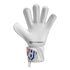 Palm-side view of a white Elite Sport goalkeeper glove with a red and blue graphic on the wrist strap, set against a white background.
