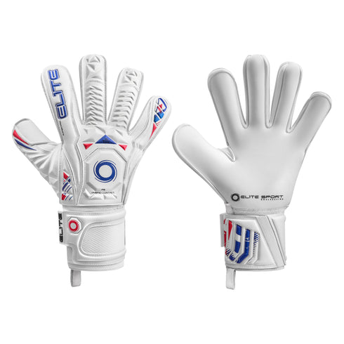 Front and back views of white Elite Sport goalkeeper gloves with blue and red accents, featuring a textured backhand and a smooth white latex palm.