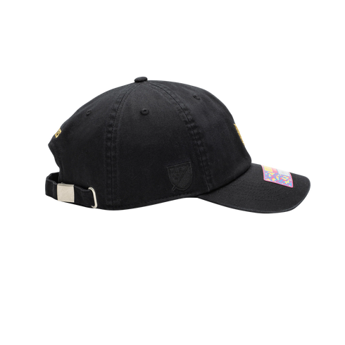 Side profile of the black Fan Ink Los Angeles FC Bambo Classic Hat, featuring a tonal embroidered crest on the side and an adjustable strap at the back.