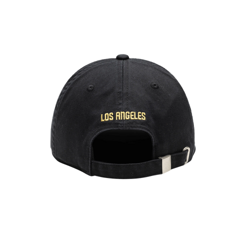 The back view of a black Fan Ink Los Angeles FC Bambo Classic Hat, featuring "LOS ANGELES" embroidered in yellow text and an adjustable strap with a silver buckle.