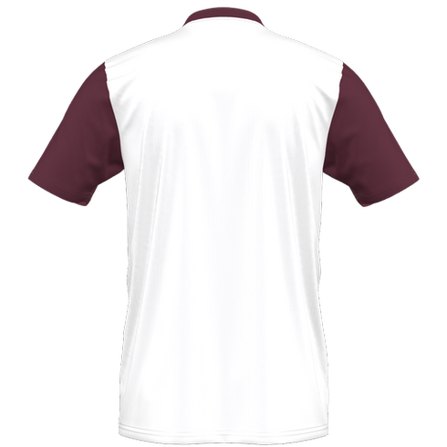 Back view of a white short-sleeved polo shirt featuring maroon sleeves and a maroon collar.