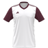 White Adidas soccer jersey with maroon short sleeves, a maroon V-neck collar, and maroon stripes on the shoulders.