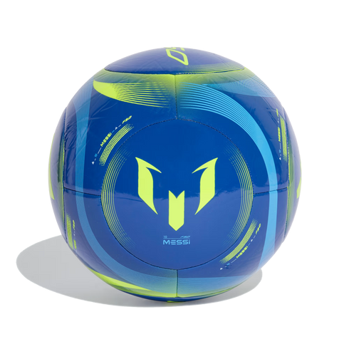 Blue soccer ball featuring lime green and light blue graphic patterns and the Lionel Messi logo.