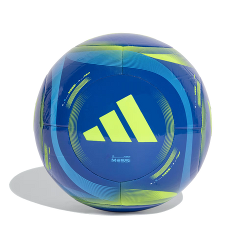 Blue and lime green Adidas F50 Messi soccer ball with the brand's logo and curved graphic patterns.