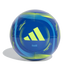 Blue and lime green Adidas F50 Messi soccer ball with the brand's logo and curved graphic patterns.