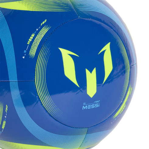 A blue soccer ball featuring a lime green Lionel Messi logo, the number 10, and Adidas F50 branding with sweeping yellow and cyan lines.