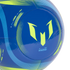 A blue soccer ball featuring a lime green Lionel Messi logo, the number 10, and Adidas F50 branding with sweeping yellow and cyan lines.