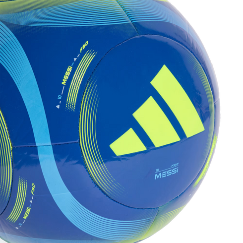 Close-up of a blue Adidas soccer ball featuring lime green and light blue graphics, the signature three-stripe logo, and "Messi 10" branding.