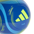 Close-up of a blue Adidas soccer ball featuring lime green and light blue graphics, the signature three-stripe logo, and "Messi 10" branding.
