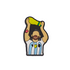 A Soccer Croc Charm featuring a cartoon illustration of a player in a light blue and white striped Argentina jersey holding a golden trophy over his head.